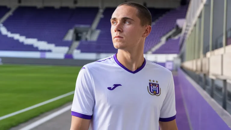 Thelo Aasgaard poseert in het tenue van RSC Anderlecht tijdens een officiële clubfotosessie.