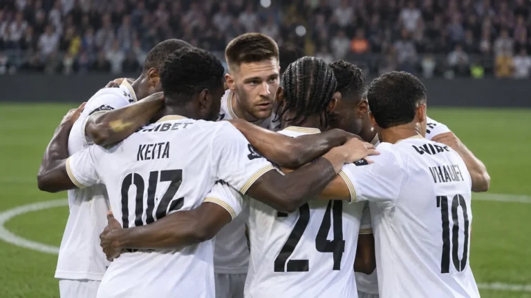 Een groep spelers van Sporting Charleroi in witte shirts tijdens een gezamenlijke huddle op het veld.