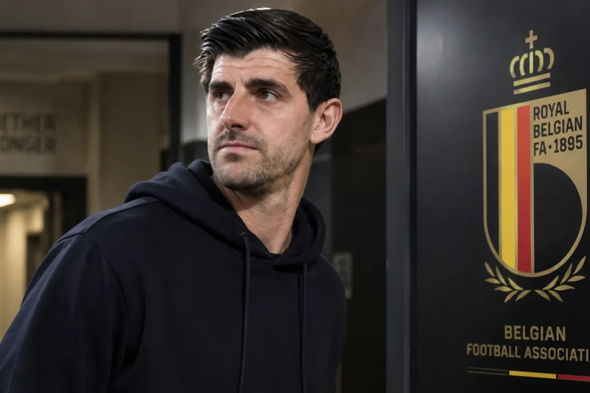 Thibaut Courtois in een donkere hoodie naast een vast bord van de Belgische voetbalbond.