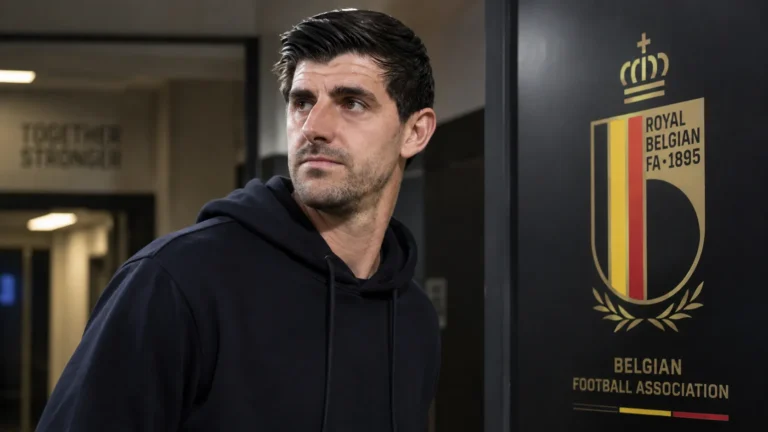 Thibaut Courtois in een donkere hoodie naast een vast bord van de Belgische voetbalbond.