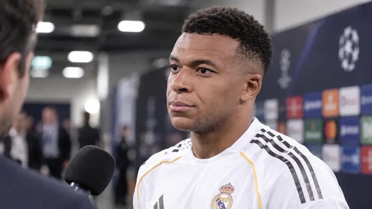 Kylian Mbappé in het witte tenue van Real Madrid tijdens een gesprek in de mixed zone.