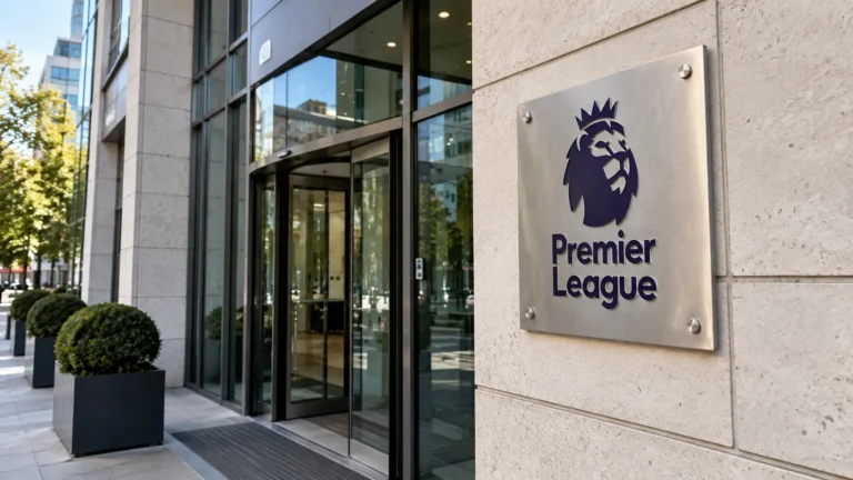 De ingang van het hoofdkwartier van de Premier League met een officiële plaquette aan de gevel.