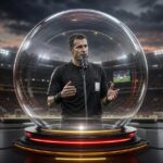 Scheidsrechter bij een grote glazen bol die een VAR-beslissing symbolisch aan het stadion uitlegt