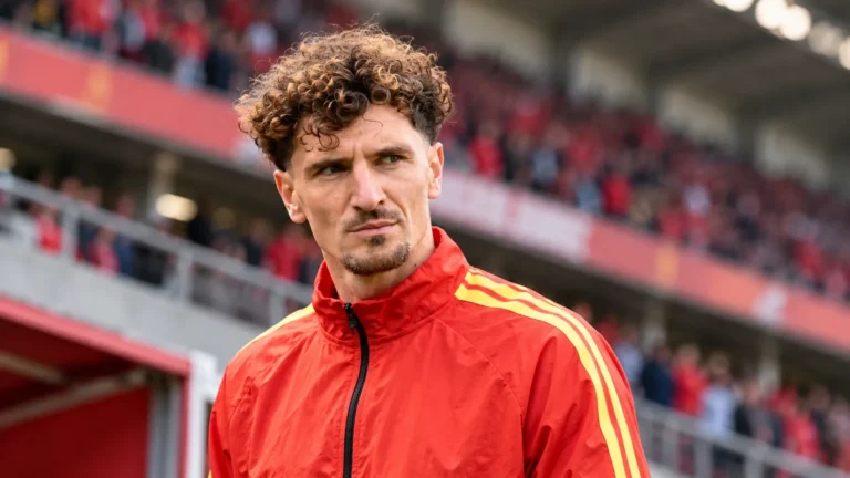 Thomas Meunier in een rode trainingsjas van de Belgische nationale ploeg in een stadion.