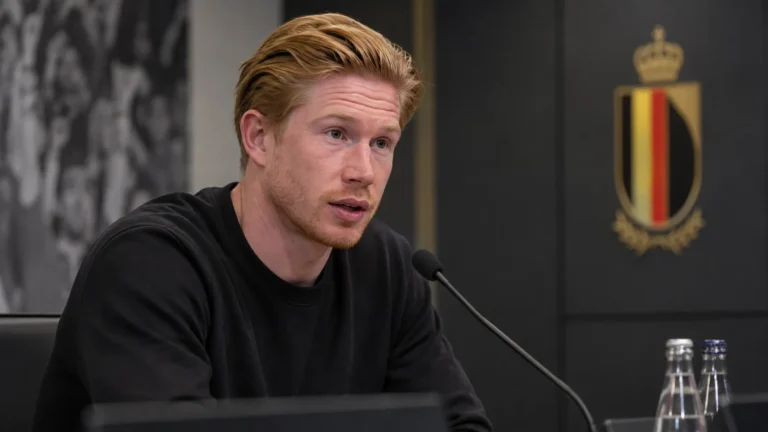 Kevin De Bruyne beantwoordt een vraag tijdens een rustig mediamoment bij de Rode Duivels.