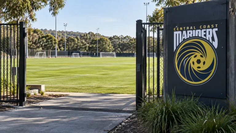 Leeg trainingsveld van Central Coast Mariners met het clubembleem op een vast toegangsbord.
