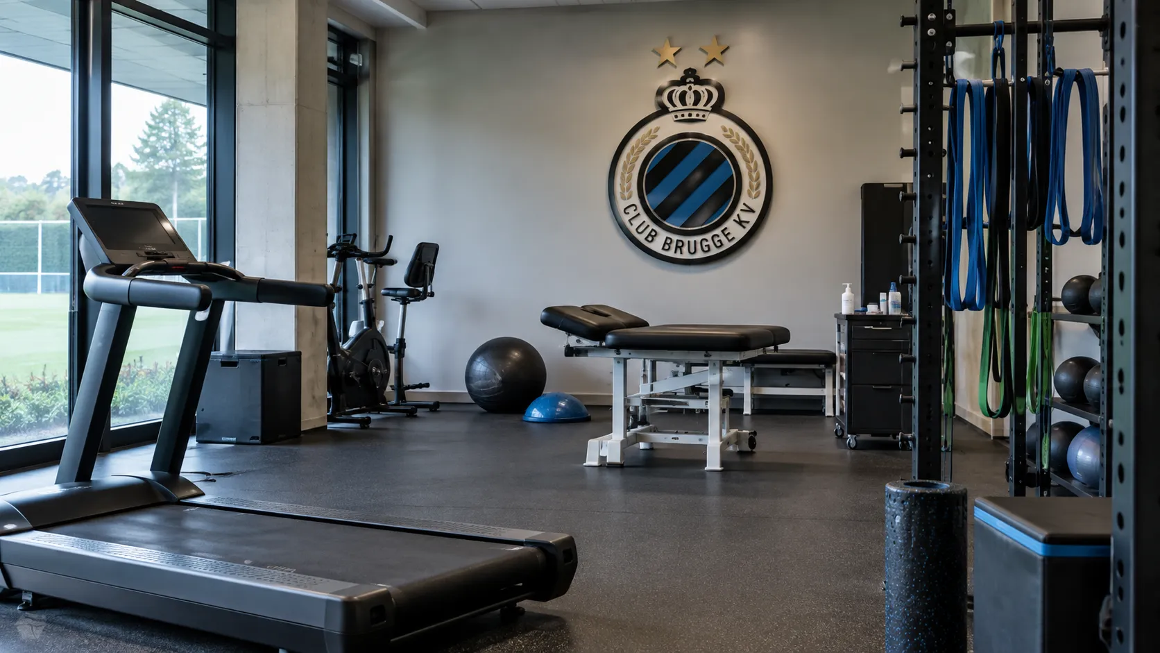 Lege revalidatieruimte van Club Brugge met trainingsmateriaal en een clubembleem aan de muur.