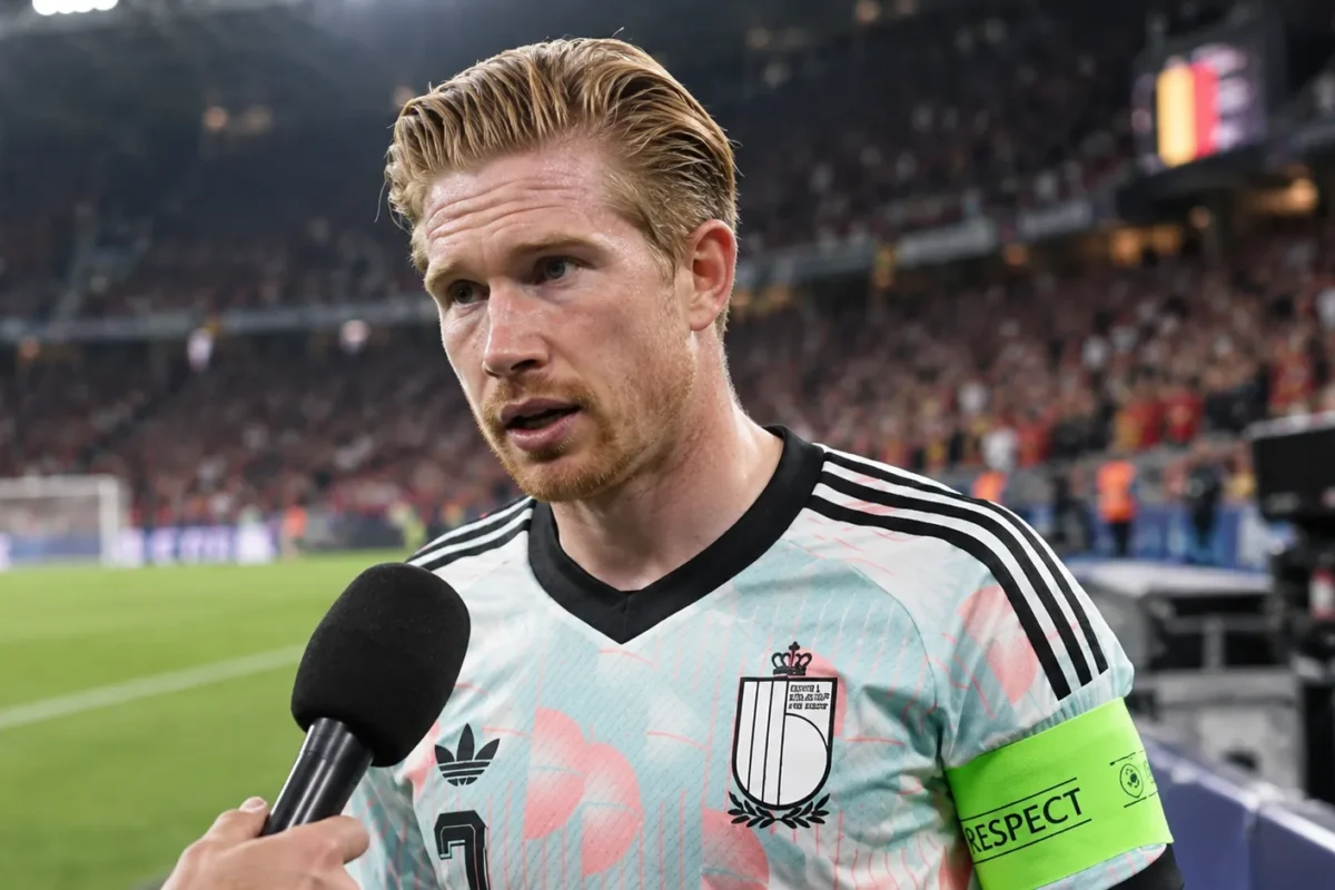 Kevin De Bruyne in Belgisch shirt tijdens een televisie-interview aan de rand van het stadion.