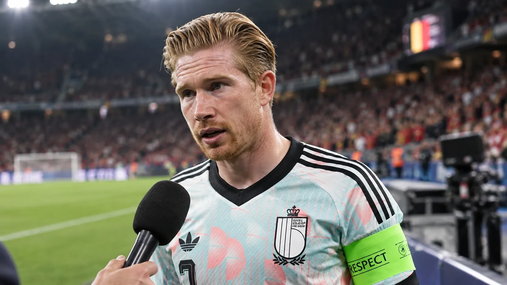 Kevin De Bruyne in Belgisch shirt tijdens een televisie-interview aan de rand van het stadion.