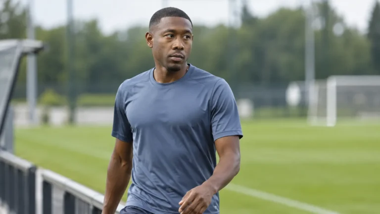 David Alaba in neutrale sportkleding naast een rustig trainingsveld.