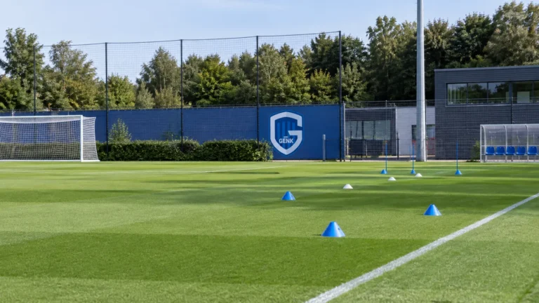 Leeg trainingsveld van KRC Genk met loopoefeningen uitgezet met kegels en een clubbord langs de zijlijn.
