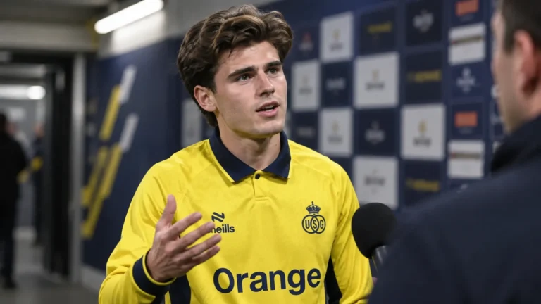 Besfort Zeneli van Union spreekt na een wedstrijd in de mixed zone van een stadion.