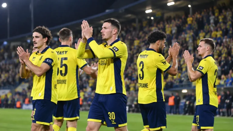 Een groep Union-spelers applaudisseert na een wedstrijd voor de supporters.