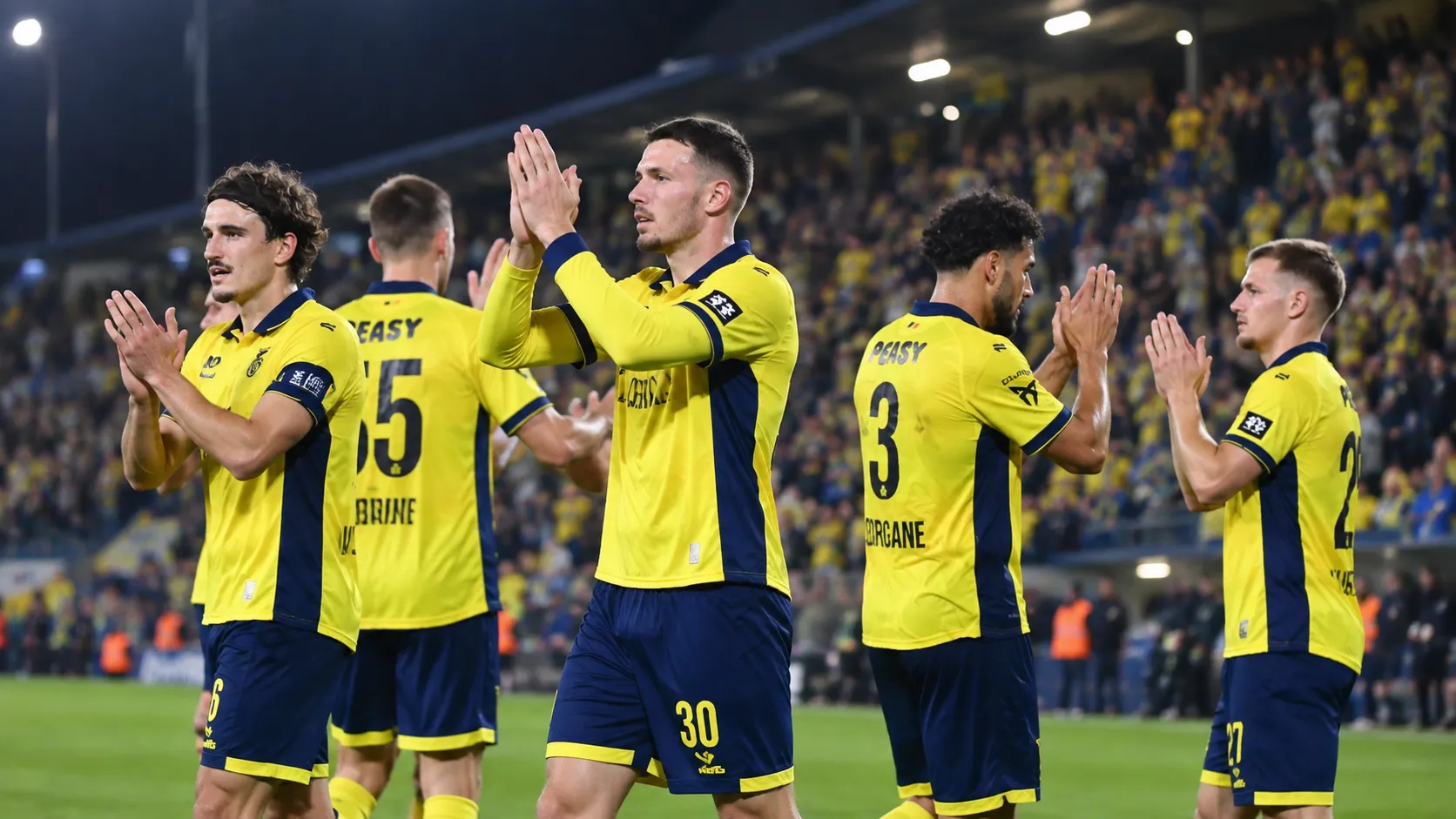 Een groep Union-spelers applaudisseert na een wedstrijd voor de supporters.