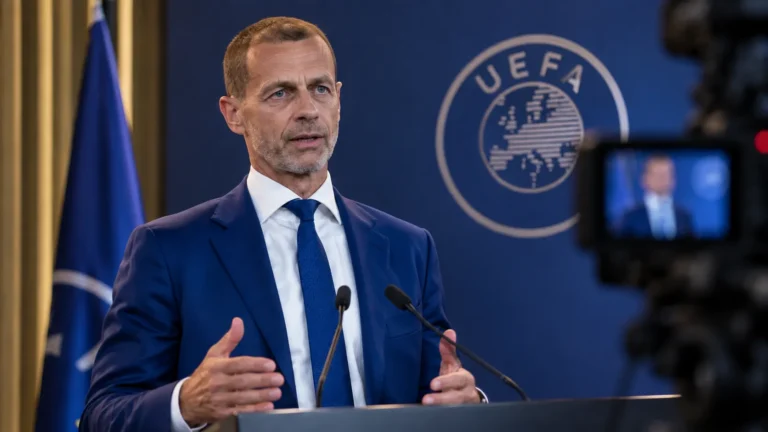 Aleksander Ceferin spreekt in een formele UEFA-videoboodschap.