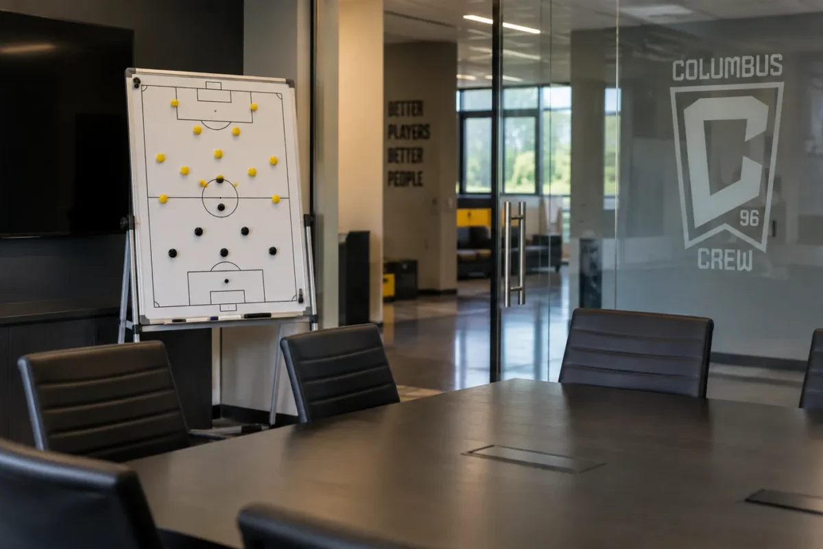 Lege videoruimte van Columbus Crew met een tactiekbord en een clubembleem op de glazen wand.
