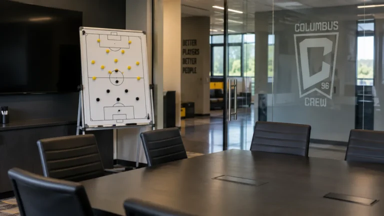 Lege videoruimte van Columbus Crew met een tactiekbord en een clubembleem op de glazen wand.