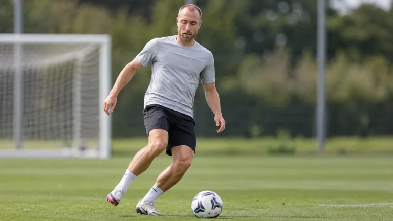 Christian Eriksen tijdens een individuele training op een voetbalveld in Denemarken.