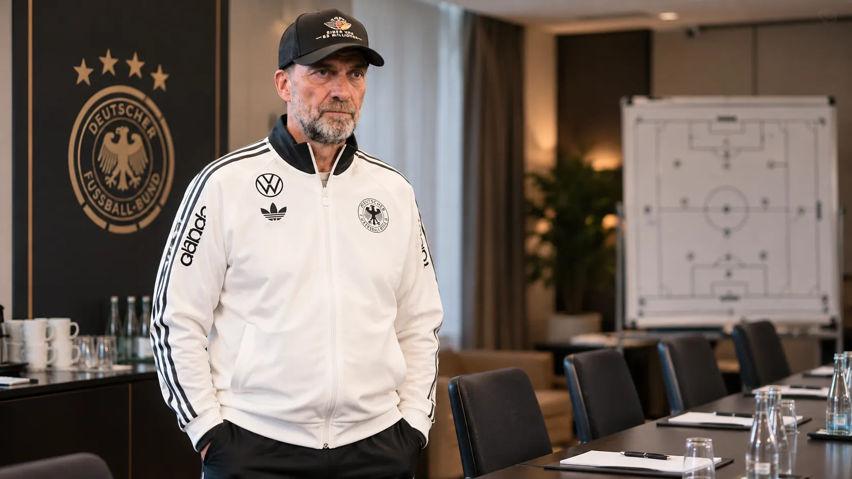 Jürgen Klopp in een Duitse trainingsjas in een nationale ploeg-briefingruimte.