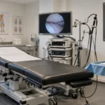 Lege sportmedische consultatieruimte met arthroscopische apparatuur en een Rode Duivels-embleem aan de wand.