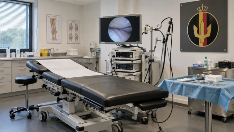 Lege sportmedische consultatieruimte met arthroscopische apparatuur en een Rode Duivels-embleem aan de wand.