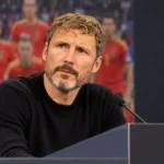 Mark van Bommel tijdens een persmoment van de Belgische nationale ploeg.