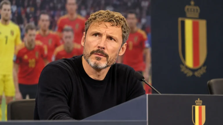 Mark van Bommel tijdens een persmoment van de Belgische nationale ploeg.
