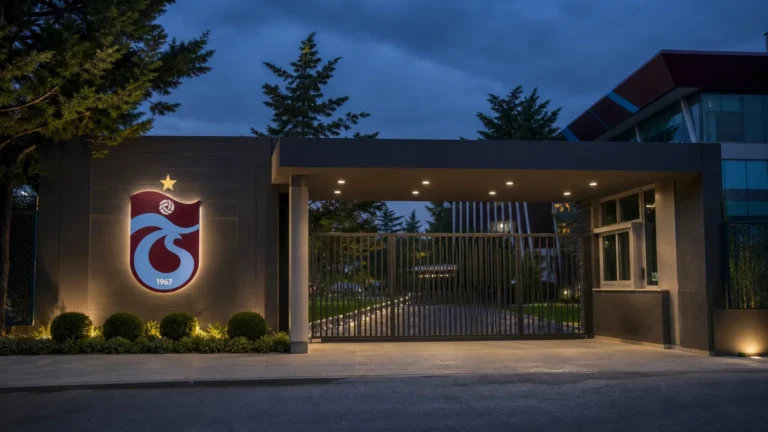 Verlichte ingang van het clubkantoor van Trabzonspor met het clubembleem op de gevel.