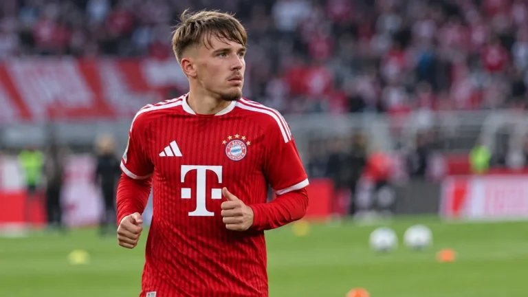 Lennart Karl in het rood van Bayern München tijdens een loopbeweging op het veld.