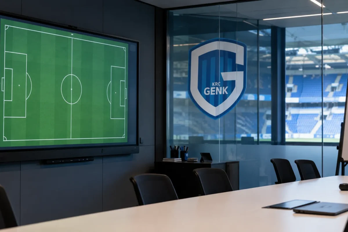 Lege tactische analyseruimte van KRC Genk met het clubembleem op een glazen wand.