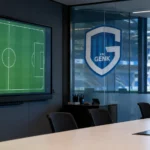 Lege tactische analyseruimte van KRC Genk met het clubembleem op een glazen wand.