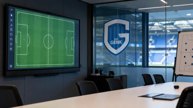 Lege tactische analyseruimte van KRC Genk met het clubembleem op een glazen wand.