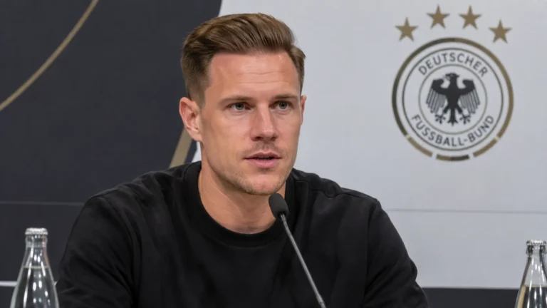 Marc ter Stegen spreekt op een persconferentie van Duitsland.