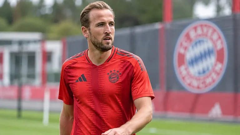 Harry Kane in het rode tenue van Bayern München tijdens een rustige warming-up op het trainingsveld.