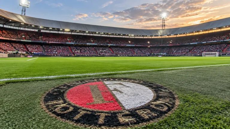 Het Feyenoord-embleem in de grasmat langs een leeg deel van het veld.
