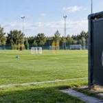 Leeg trainingsveld van de jeugdopleiding met kegels en een vast Club Brugge-bord aan de zijlijn.