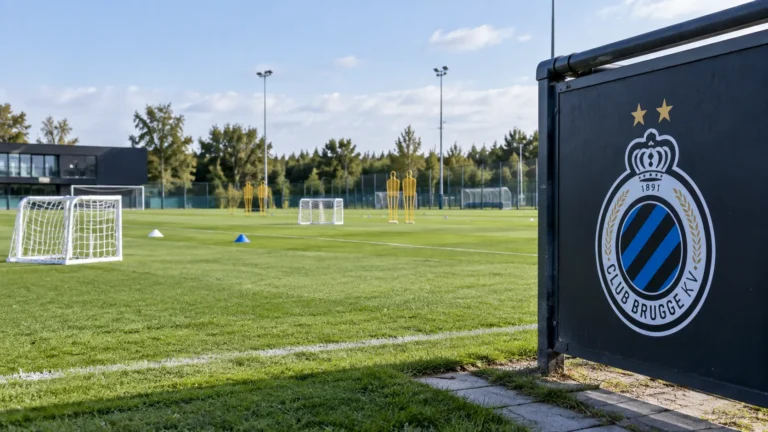 Leeg trainingsveld van de jeugdopleiding met kegels en een vast Club Brugge-bord aan de zijlijn.