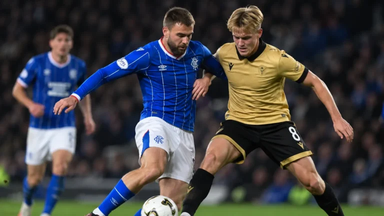 Twee voetballers in verschillende tenues tijdens een duel om de bal.