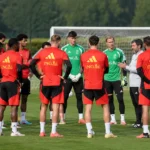 Groep spelers en staf tijdens een training op een voetbalveld.