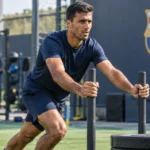 Rodri tijdens een fysieke oefening op het trainingscomplex van FC Barcelona.