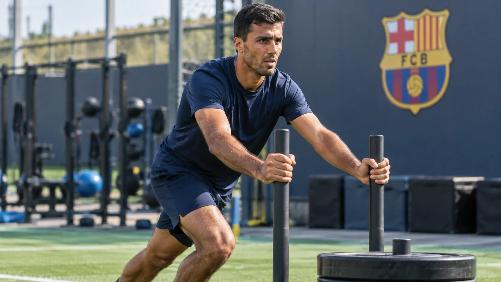 Rodri tijdens een fysieke oefening op het trainingscomplex van FC Barcelona.