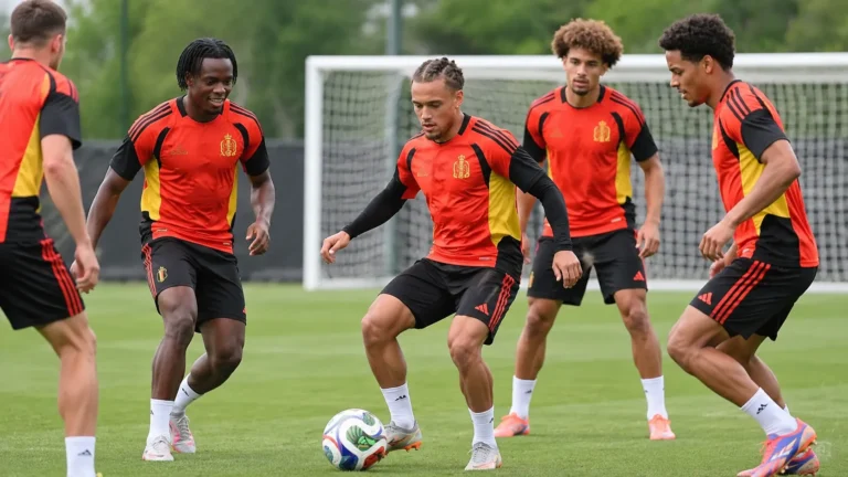 Een groep Belgische voetballers tijdens een oefening op het trainingsveld.
