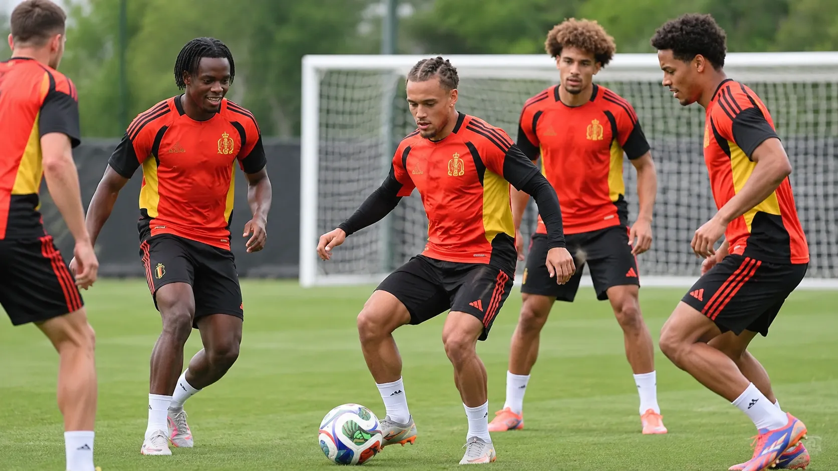 Een groep Belgische voetballers tijdens een oefening op het trainingsveld.