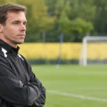 Een Union-trainer in een zwarte sportjas langs een leeg trainingsveld tijdens de interlandbreak.