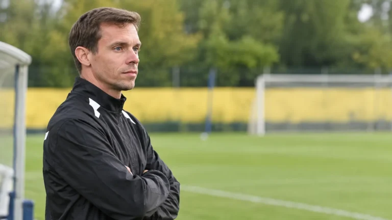 Een Union-trainer in een zwarte sportjas langs een leeg trainingsveld tijdens de interlandbreak.