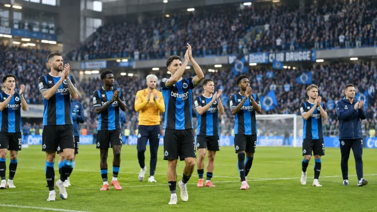 Een groep spelers van Club Brugge applaudisseert op het veld voor de tribune.