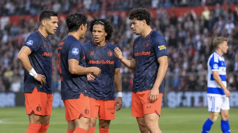 Een groep Feyenoord-spelers overlegt kort op het veld tijdens een wedstrijd.