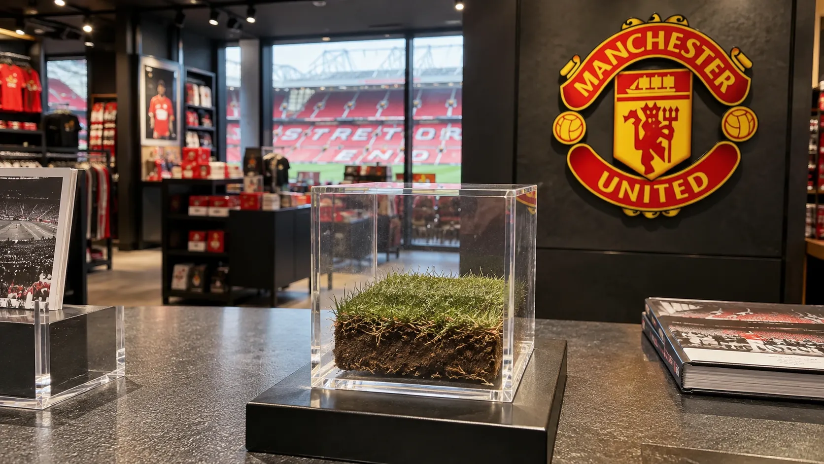 Transparante kubus met oude grasmat op een verkoopdisplay met een Manchester United-embleem aan de wand.