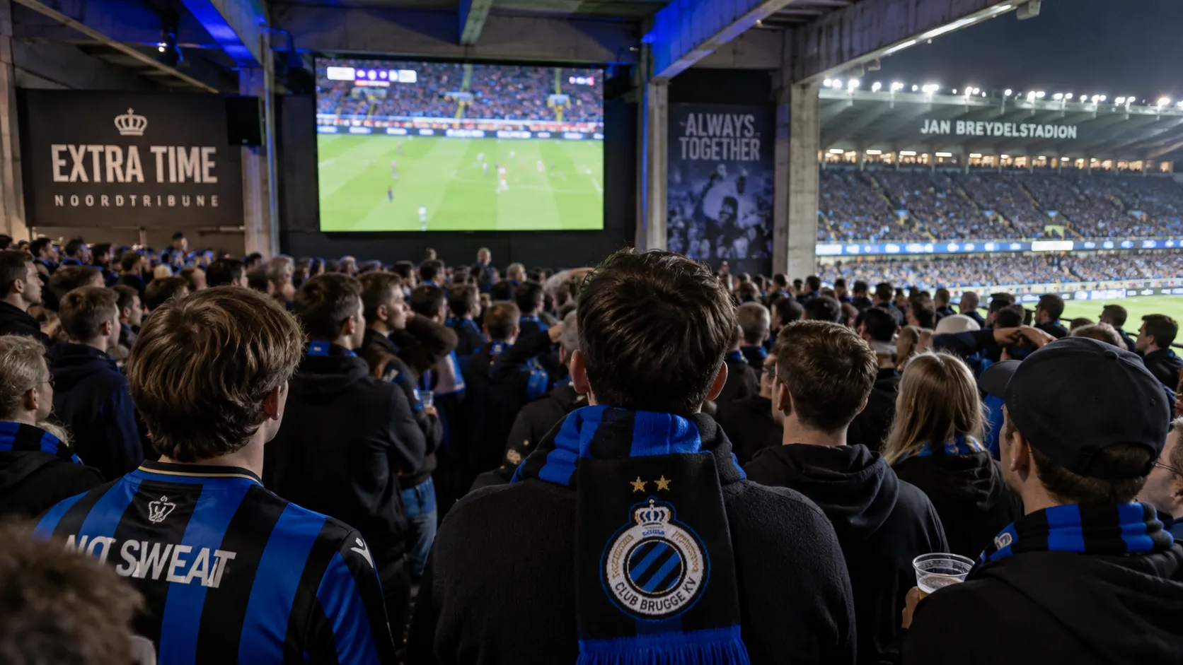 Een collectieve groep Club Brugge-supporters kijkt in de Noordtribune naar een groot scherm.