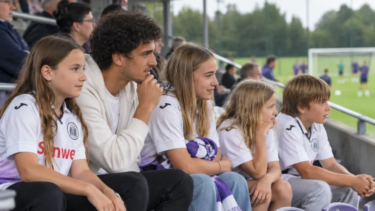 Een groep jonge Anderlecht-supporters met een volwassen begeleider op de tribune.